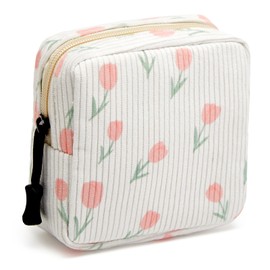 ZOEMTIU Small Makeup Bag for Purse,Mini Cosmetics Bag cute Zipper corduroy Cosmetic Pouch Storage Pouch Travel Toiletry Organizer for Women Girls(Tulip White)