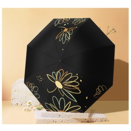 Meichoon UPF 50+ UV Protection Travel Umbrella Portable Compact 8 Ribs Lightweight Waterproof & Windproof Sunshade Stylish Simple Flower Design for Women for Hiking Backpacking Black