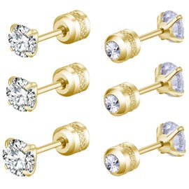 Diamond Stud Earrings Set for Women Teenage Girls, 3/4/5MM CZ Flat Back Hypoallergenic Helix Stud Earrings for Girls, Stainless Steel Cartilage Earrings Set for Teen Girls