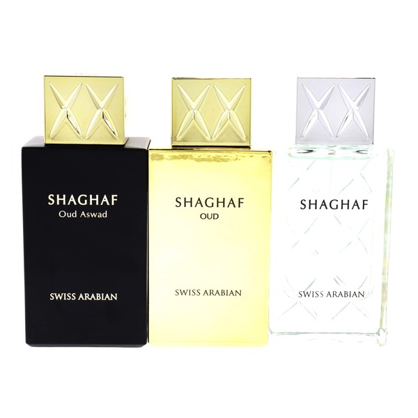 Swiss Arabian Shaghaf Collection - Unisex Fragrance Gift Set - Sensual and Warm Finish - Includes Shaghaf Oud, Shaghaf Men and Shaghaf Oud Aswad - Luxurious Scents To Define You - 3 Pc