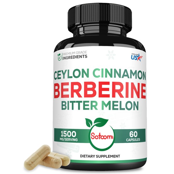 1500mg Berberine Supplement with Organic Ceylon Cinnamon Bark & Bitter Melon - 3in1 Special Formula for Immune System, Heart Health, Body Management & Digestion Support - 60 Vegan Capsules