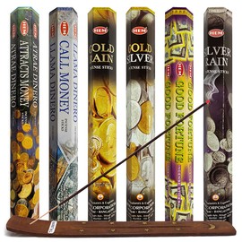 Hem Incense Sticks Variety Pack #29 and Incense Stick Holder Bundle with 6 Money and Good Luck Fragrances