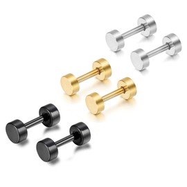 Cupimatch 3Pairs 4MM Mens Stainless Steel Round Barbell Screw Ear Studs Earrings