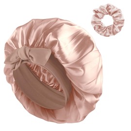 Große Duschhaube mit Haargummis Satin Bonnet für Damen, Seidenhaube zum Schlafen, weiche Haube für lockiges Haar Zopf (Champagner)