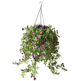 INQCMY Artificial Hanging Flowers with Basket,Fake Silk Flower Arrangements,4 Pack Chrysanthemum Flowers with 12 inch Coconut Lining Basket for Patio Garden Porch Deck Decoration(Purple)