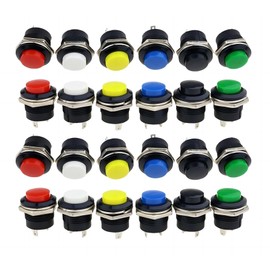 MTDELE 24Pcs 16mm Momentary Push Button Switch ON-Off 3A 250V AC 2 Pin Self-Resetting Mini Round Switch（Red Green Blue Yellow White Black