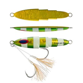 OCEAN CAT 1 PC Slow Fall Pitch Fishing Lures Sinking Lead Metal Flat Jigs Jigging Baits with Hook for Saltwater Fishing 5 Colors 80G/120G/160G/200G/250G/300G (Green&Gold, 120g(4 2/9oz))