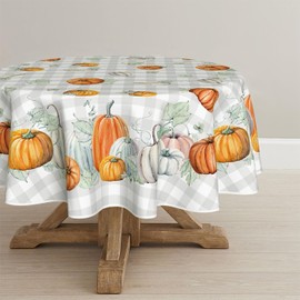 Horaldaily Fall Tablecloth 70x70 Inch Round, Thanksgiving Autumn Harvest Watercolor Pumpkins Blue Buffalo Plaid Table Cover for Party Picnic Dinner Decor