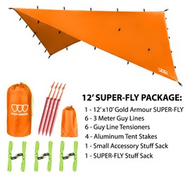 Gold Armour Rainfly Tarp Hammock, Premium 14.7ft/12ft/10ft/8ft Rain Fly Cover, Waterproof Ultralight Camping Shelter Canopy, Survival Equipment Gear Camping Tent Accessories (Orange 12ft x 10ft)