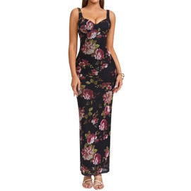 HTZMO Women Summer Floral Bodycon Maxi Dress V Neck Halter Sleeveless Casual Wedding Guest Party Elegant Long Dresses Black Floral M