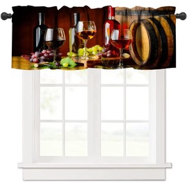Wine Valance Curtain, Vintage Barrel Red Wine on Table Glasses Wine Grapes Windows Curtain Valance for Kitchen Dining Room Canteens Home Decor, One Panel 54x18in