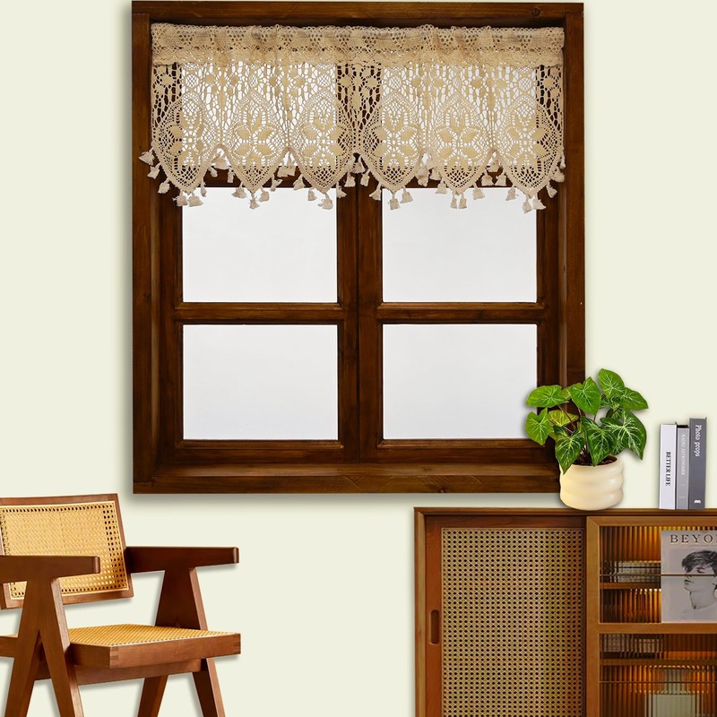 Tsinmorn Boho Curtain Valance for Kitchen Dining Farmhouse Crochet Curtain