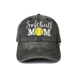 Shenbors Embroidered Softball Mom Hats for Women, Washed Black Ponytail Hat Dad Hat, Cotton Adjustable Snapback Baseball Cap