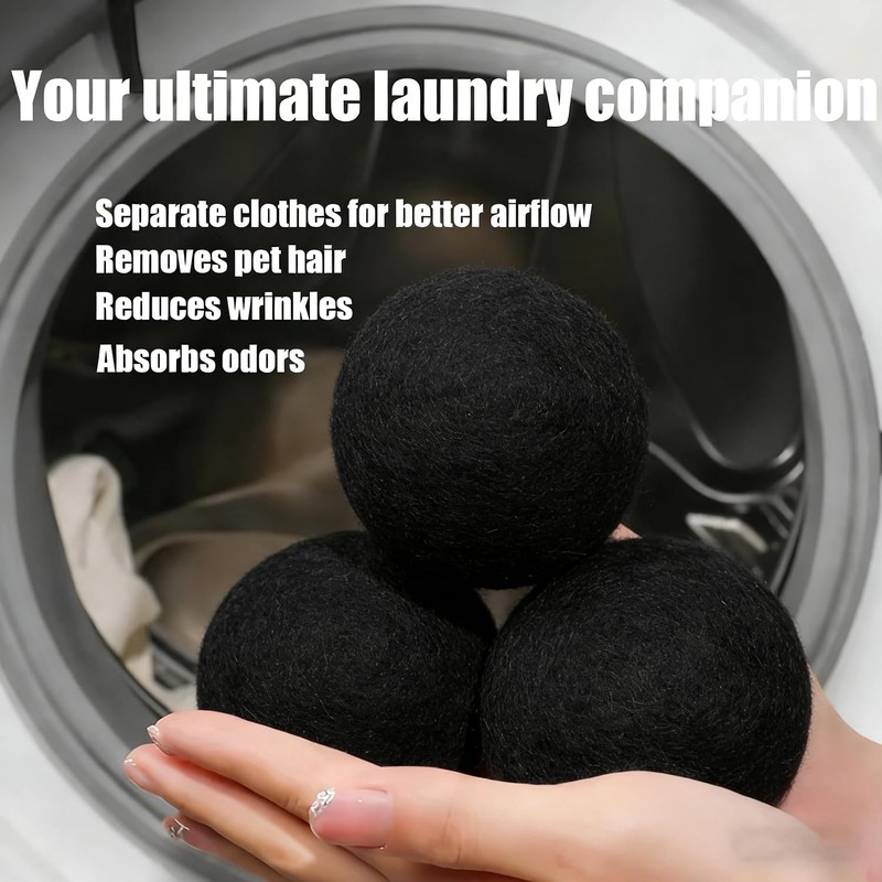 6 Pack Wool Dryer Balls, Black, 2.75 in/7 cm