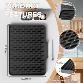 Silicone Dish Drying Mat for Kitchen Counter – Non-Slip Dish Drain Pad Mat with Built-in Drain , Heat-Resistant Stone Drying Mat,Easy to Clean, Durable Surface for Sink, Dishes, Glassware