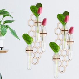 2 Pcs Wall Hanging Planter with Hollow Wood Stand, Space Saving Hanging Plant Propagation Station with Propagation Tubes for Hydroponic Flower Living Room Kitchen