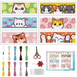 INFUNLY 6 Pieces Cartoon Cat DIY Cross Stitch Bookmark Set for Beginners Cute Kitten Stamped Embroidery Set with Instructions Cat Printed Bookmark Set for Cat Lovers Book Reader Writer