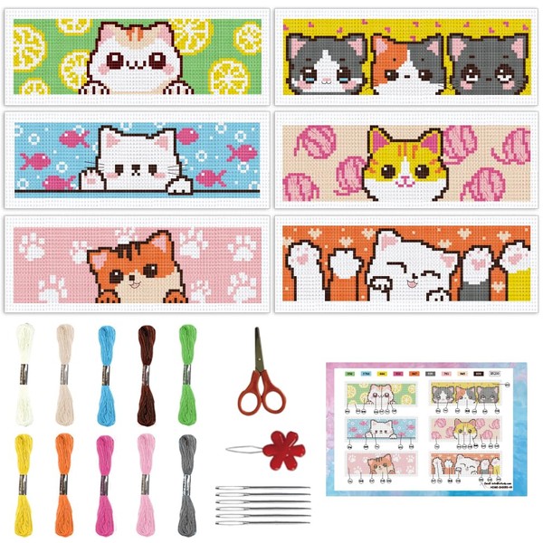 INFUNLY 6 Pieces Cartoon Cat DIY Cross Stitch Bookmark Set