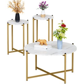 DKLGG Coffee Table Set of 3, Modern Round Coffee Table & 2pcs End Table Faux Marble Tabletop with Gold Cross Base Frame, Modern Living Room Table Sets for Apartment, Small Space (Gold)