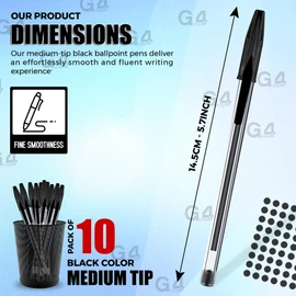 G4GADGET Premium Pack of 10 Black Biro Ballpoint Pens - Medium Tip for Fluent, Smooth Writing - Professional Quality Pens for Home, Office, and School Use - Long-Lasting Ink and Ergonomic Design