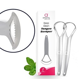 Deep Clean Tongue Scraper- Double-Ended - Flat + Serrated Edge Design, (2pk) Stainless Steel, by Amazing Oralcare