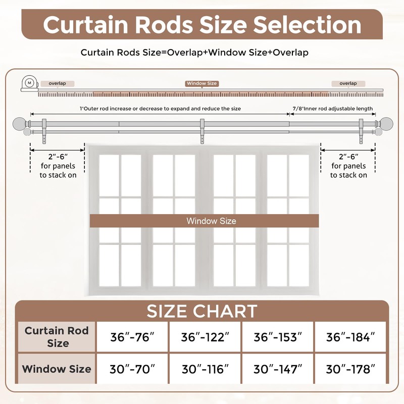 Wolistsa Boho Decorative Double Curtain Rod, 36-122 Inch, White Wood