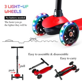 Toddler Scooter for Kids 3 Wheels Scooter for Boys Girls Kick Scooter with Light Up Wheels, Adjustable Height, Easy to Learn, Solid & Sturdy, Fits Children Ages 2-5 Years Old (SC12-Red)