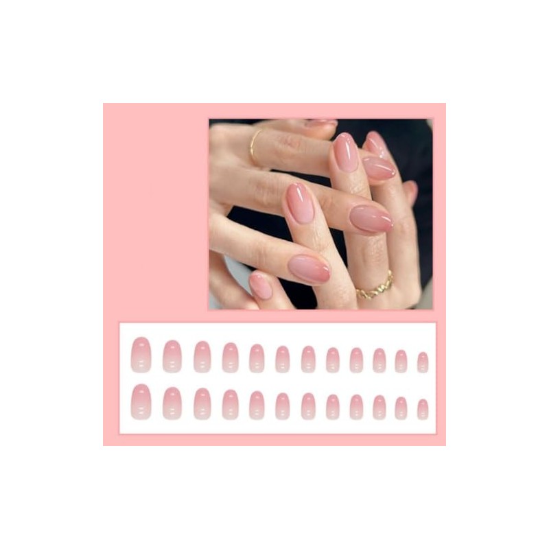 24Pcs Oval False Nails, Nude Pink Gradient Short Acrylic Full