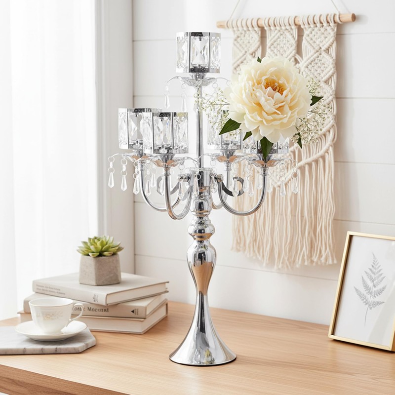 Silver Candelabra Table Centerpieces: 5 Arm Crystal Pendant Candle Holders