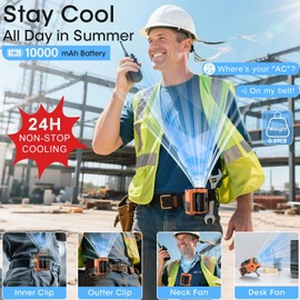 Adando Portable Waist Fan Clip On: 10000mAh Rechargeable Battery Powered Shirt Fans with 5 Speeds - Wearable Belt Personal Fan for Outdoor Jobsite - Max 24H Cooling for Construction Workers