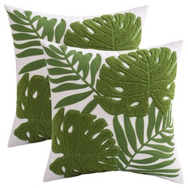 Tosleo Green Tropical Leaf Embroidered Throw Pillow Covers 18x18 Inch Set of 2 Monstera Palm Leaves Couch Pillowcases Botanical Plant Cushion Case Spring Summer Home Decor for Living Room Bedroom Bed