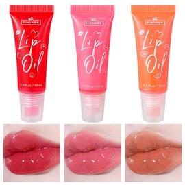 Lip Oil Set, Lip Gloss Set, 3PC Fruit Lip Oil Lip Glow Oil Cute Lip Gloss, Fruit-Flavored Strawberry, Peach and Orange Lip Gloss Sets For Teenage Girls Moisturizing Lip Glosses