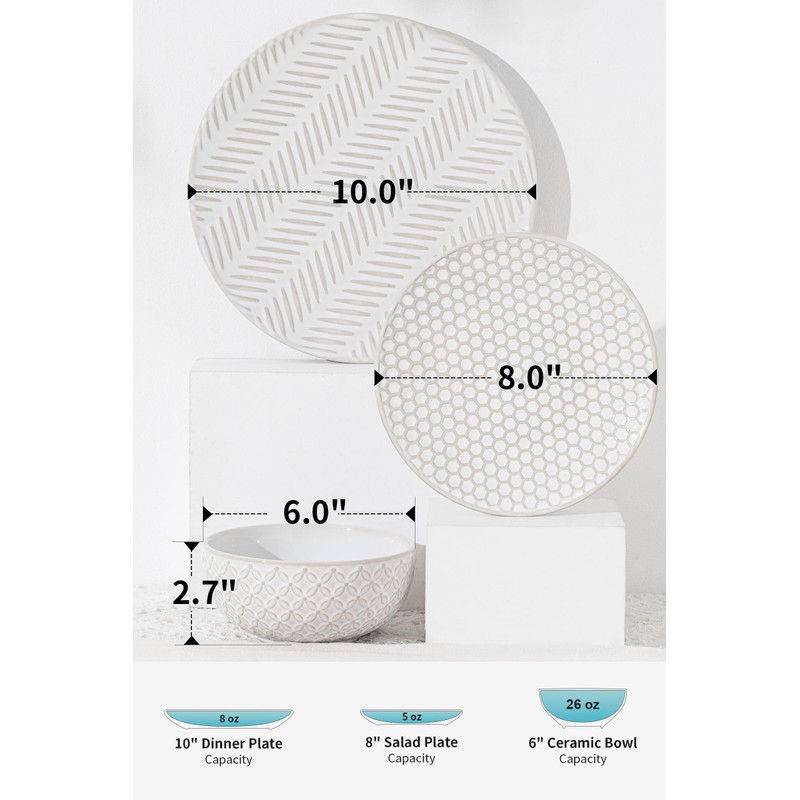 FOBENTA 18 Piece Embossed Dinnerware Sets for 6, Scratch-Resistant Plates