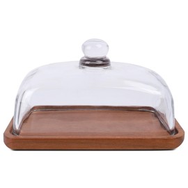VivaBelle Glass Butter Dish with Wood Lid, Clear Domed Cheese Dish with Handle, Rectangle Butter Keeper Saver with Cover, Serving Large Butter Tray for Table, Countertop,