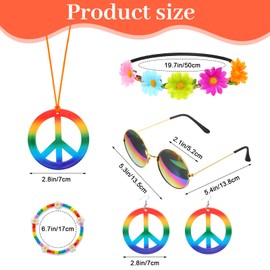 Wanmu 5Pcs Hippie Accessories for Women, 60s Hippie Costume Accessory Daisy Flower Headbands, Round Hippie Sunglasses, Peace Sign Necklaces, Earrings & Bracelet for 70s Groovy Carnival Party