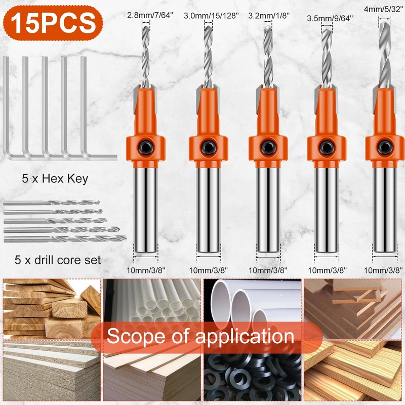 15Pcs Countersink Drill Bit Set Steel Tapered Drill Bits with