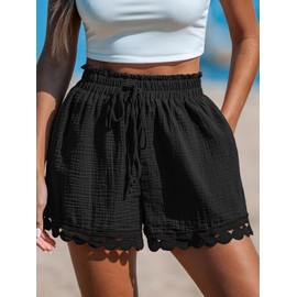 CUPSHE Women Swim Cover Up Shorts 100% Cotton Casual Beach Shorts with Side Pockets Black, L