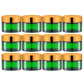 IRON BILL 1 Oz Green Round Glass Jars with Inner Liners and Gold Lids(12PCS) Empty Cream Containers Refillable Cosmetic Vials for Cosmetics, Lotions, Ointment, Body Scrubs & Balms