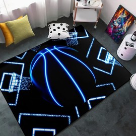 Basketball Area Rug - Black Basketball Rug for Boys Kids Room Sports Carpet Rugs for Boys Kids Bedroom, 4'×5'