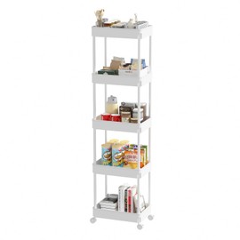 Sooyee 5-Tier Plastic Rolling Utility Cart with Wheels, Multi-Functional Storage Trolley for Office, Living Room, Kitchen, Movable Storage Organizer with Wheels,White