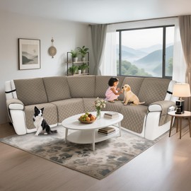 ROFASVCO Waterproof Sectional Reclining Couch Covers L Shaped Recliner Sectional Sofa Cover 7 Piece Non Slip Washable Corner Recliner Slipcover Set for Pet Dog (5 Seater Cover, Khaki)