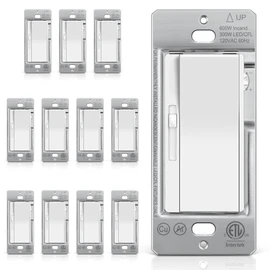 BESTTEN 12 Pack Super Slim Slide Dimmer Light Switch, Single Pole or 3 Way Dimmer Switches, Compatible with LED Dimmable Lamp, CFL, Incandescent, Halogen Bulb, ETL Listed, White