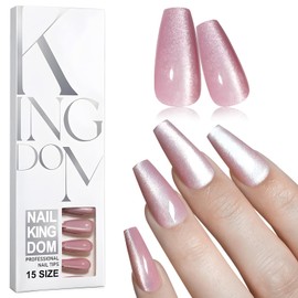 Bellelfin Cat Eye Press On Nails Long Coffin Fake Nails Kit Pink Cat Eye Nails Press on, Glossy Acrylic Nails Full Cover Stick On Nails, 120Pcs False Nails Shiny Artificial Nails for Women