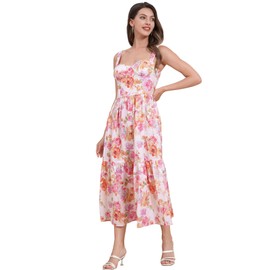 ABEHIK Corset Sundress for Women 2024 with Chest Pads Floral Bustier Flowy Midi Dress with Pockets Spaghetti Strap Casual Low Cut Summer Wedding Guest Cocktail Homecoming Party Dresses Orange M