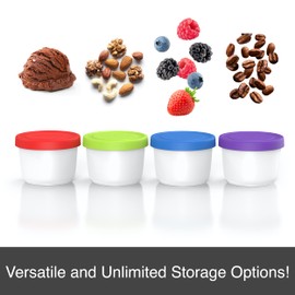 BALCI - 8oz Mini Ice Cream Containers with Silicone Lids (Set of 4) - Freezer Food Storage Containers, Reusable, LeakProof, For Homemade IceCream Containers - Blue, Red, Green, Purple