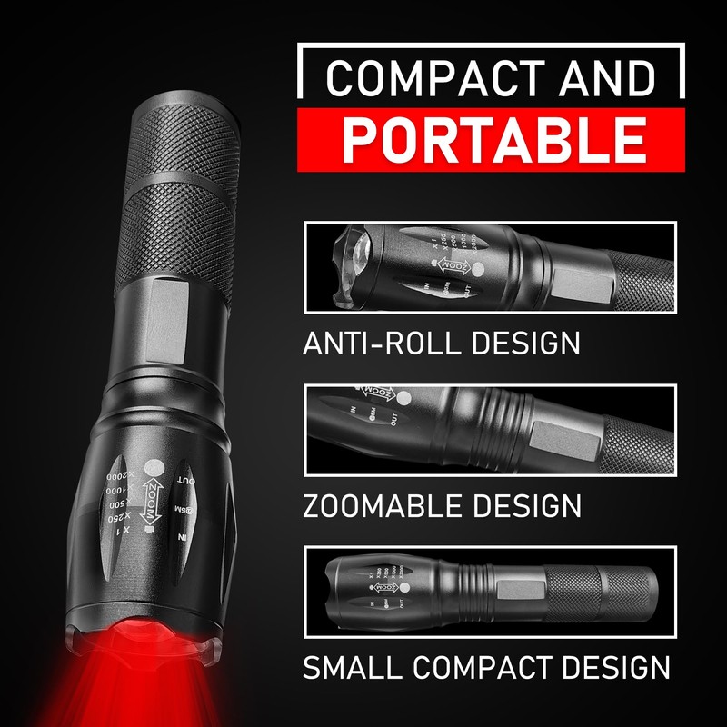 Red LED Flashlight - Single Mode Adjustable Focus Flashlights for