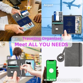 WALNEW Airtag Passport Holder, PU Leather RFID Blocking Passport Wallet with Airtag Holder and Zipper Pocket, Travel Accessories for Women & Men (Gray)
