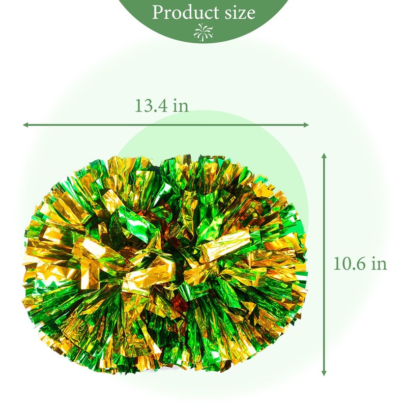 2 Pack Cheerleading Pom Poms with Sticks Green Gold 14