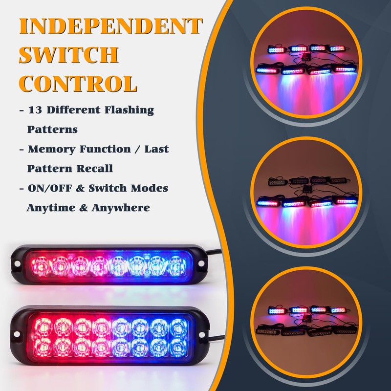 V-SEK 8PCS LED Red Blue Strobe Lights Kit 8-LED 16-LED