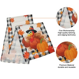 Thanksgiving Turkey Table Runner, 13x72 Inches Seasonal Fall Harvest Maple Leaf Pumpkin Buffalo Plaid Kitchen Dining Table Decoration for Indoor Outdoor Farmhouse Home Party Decor